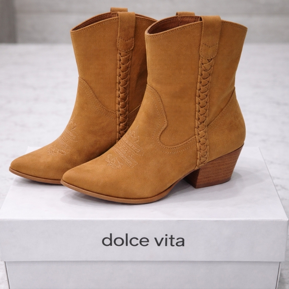 Dolce Vita Karyn Western Ankle Boots Tan Braided Detail Size 8.5